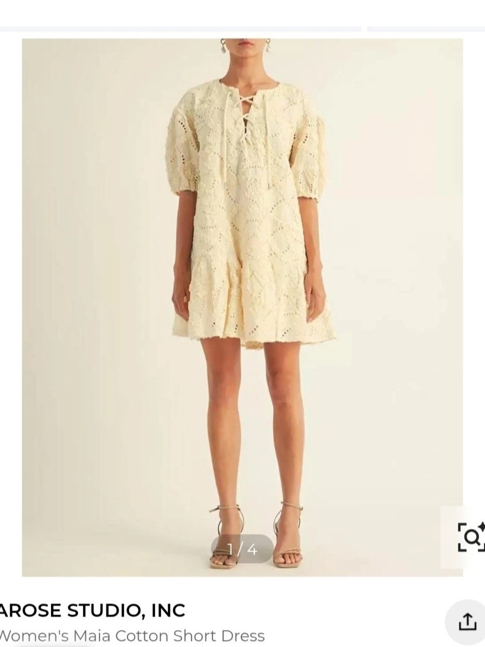 AROSE Studio Cream Lace-Up MAIA Cotton Short Dress, Size M